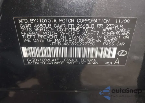 2009 Lexus Es 350 from USA, damaged, VIN JTHBJ46G892297780